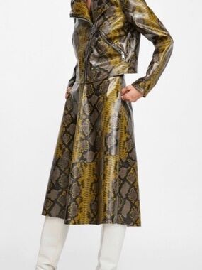 Zara Yellow Brown Snake-Print Midi Skirt